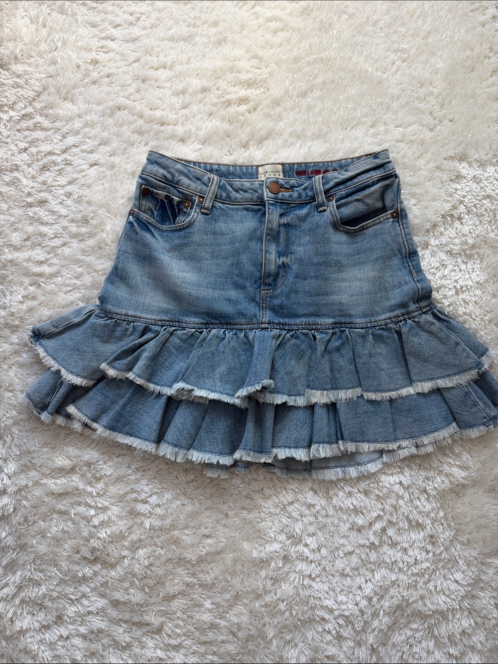 Alice & Olivia Jeans Ruffled Denim Mini Skirt - Light Blue
